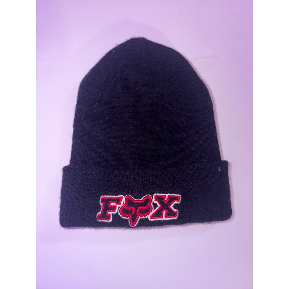 Fox Racing Beanie Hat Black Red White Embroidered Logo Cuffed Knit Moto Skater